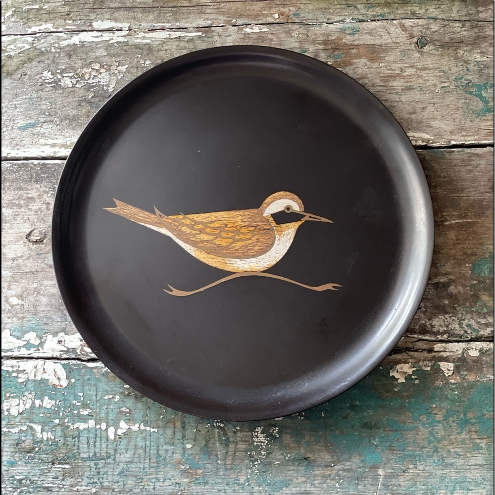 Couroc MCM black round serving tray wood Bird inlay